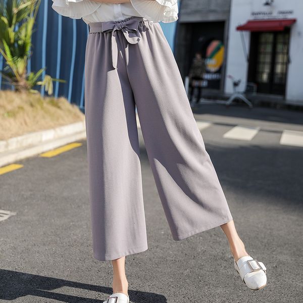 

designer leggings ladies pants women 2019 chiffon high waist wide leg pants knee length drawstring sweet loose pants trousers pantalones, Black;white