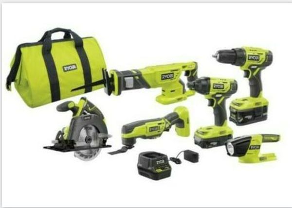 

RYOBI18-вольтовый беспроводной комбинированный комплект из 6 частей с (2) батарейками, Зарядное Устройство, Комплект, Ремесла