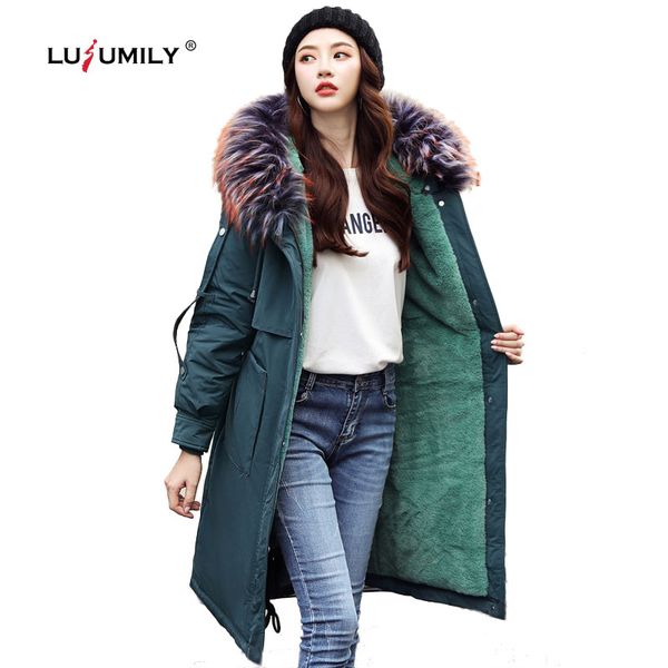 

lusumily -30 degrees snow wear long parkas winter jacket for women hooded clothing female large fur thick winter coat for women, Black