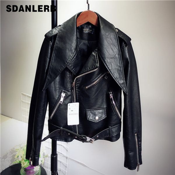 

woman short personality turn-down collar high-grade pu leather jacket women motorcycle leather jackets, Black