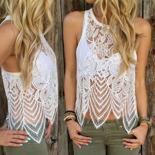 

women lace crochet vest tank long section hollow casual sleeveless roupas femininas, White