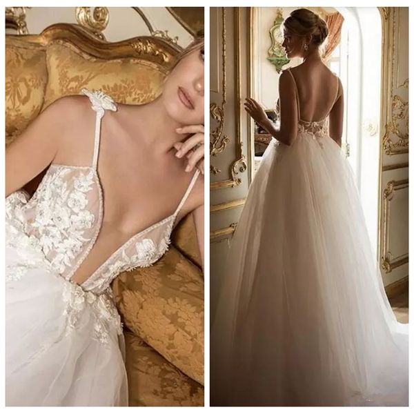 

2021 spaghetti strips a-line lace appliques wedding dresses backless long formal vestidos de marriage custom princess spring marriage, White