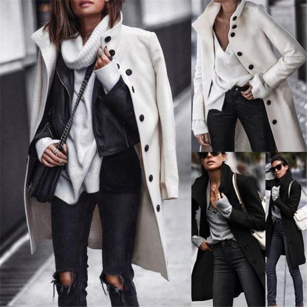

autumn new women designer coats casual fashion solid color long sleeved single breasted long faux wool blends womens outerwear, Black