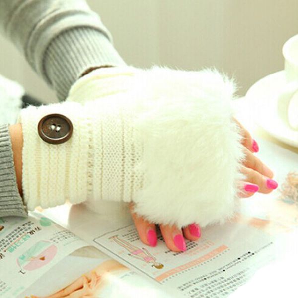 

women fingerless gloves cute faux fur knitted gloves female winter knitting warmer wrist hand mitten 8colors, Blue;gray