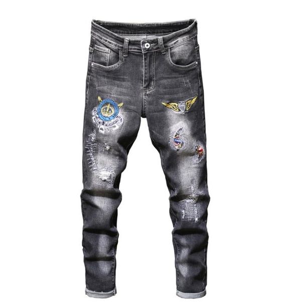 

men stretchy ripped straight biker jeans destroyed embroidery patch slim fit denim pants #2038, Blue