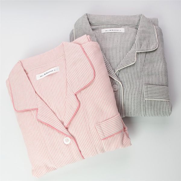 

2018 autumn women casual striped pajama sets female 100% cotton sleepwear suit women turn-down collar shirt & pants xxl pijamas, Blue;gray