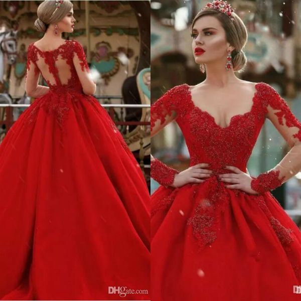 2020 Abiti da sposa rossi Dubai Arabo Pizzo Perle Appliques Profondo scollo a V Abiti da sposa Sweep Train Maniche lunghe A Line Abito da sposa