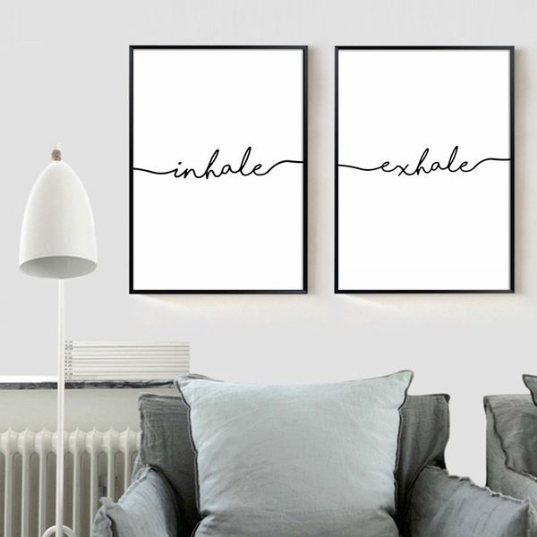 

Black White Inhale Exhale Quote Poster Prints Minimalist Wall Art Picture Canvas Painting Line Letters Nordic Decoration No Frame