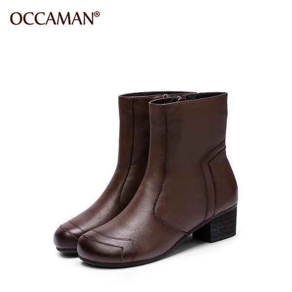 

occaman autumn winter casual western cowboy ankle boots women genuine leather cowgirl booties short high heels shoes 16042, Black