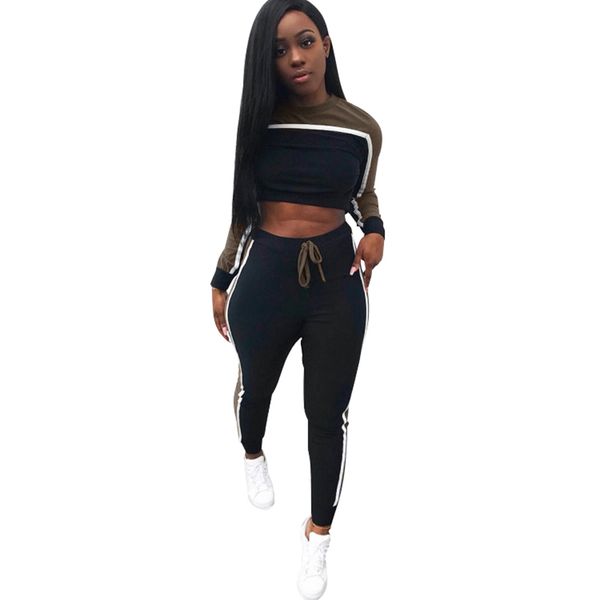 

women splice color two-piece set o-neck long sleeve slim long pants sportswear suit female tracksuit korean fashion 2 piece set, Gray