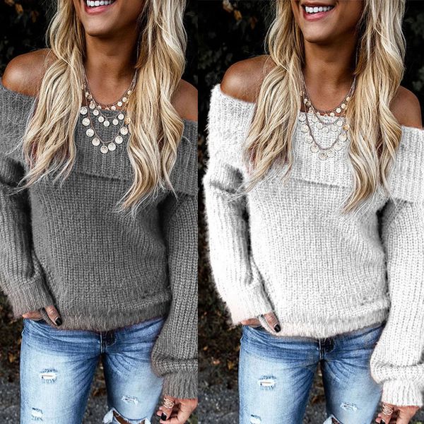 

2019 autumn women warm pullover sweater solid color single shoulder lapels off shoulder oblique collar lantern sleeve sweater d8, White;black