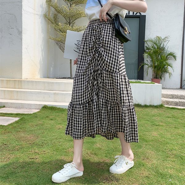 

high waist women casual skirt plaid checkered print lace up pleated skirts skater vintage autumn spring long office lady jurken, Black