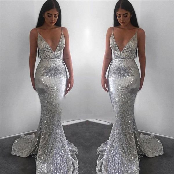 

2019 Popular Silver Reflective Dress Evening Prom Gowns Mermaid Spaghetti Straps Women Occasion Sequined Party Gowns