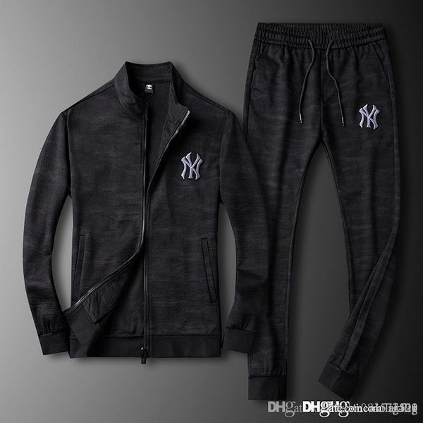

19ss autumn/winter men's fashion embroidered casual suit korean version stand collar cardigan trousers two-piece set size l-5xl, Gray