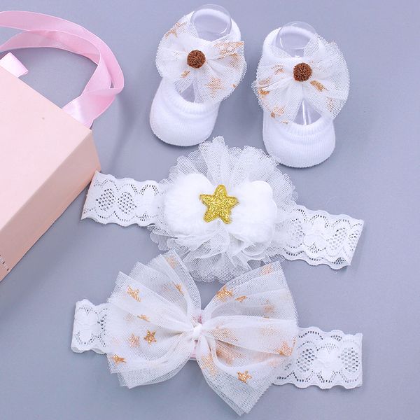 

1box european and american cute baby cloth art bow knot head bands hair bands socks children's series hair accessories headwear, Slivery;white