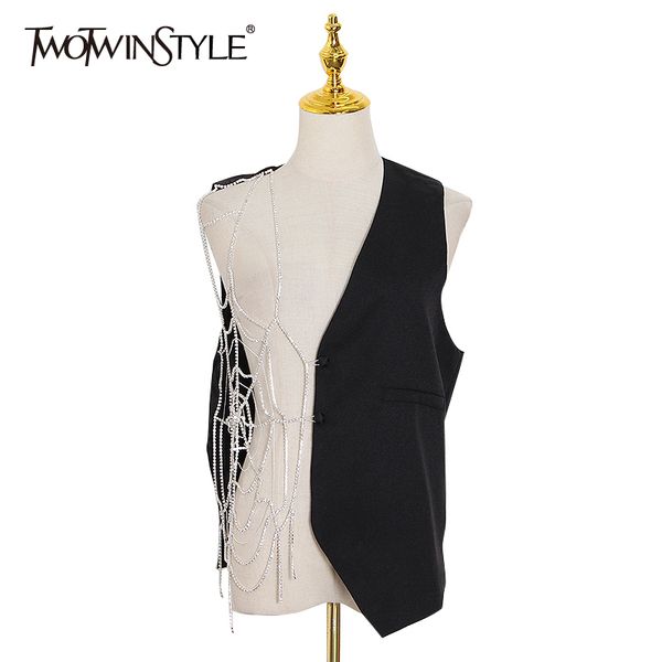 

twotwinstyle asymmetrical vest for women sleeveless ptachwork diamonds irregular hollow out vests female 2020 summer new, Black;white