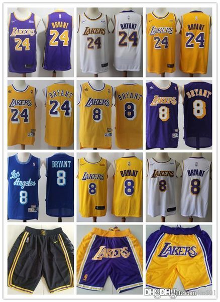 

mens los angeles lakers 2020 new throwback jersey kobe 24 bryant kobe 8 bryant basketball shorts basketball jersey purple yellow, Black;red