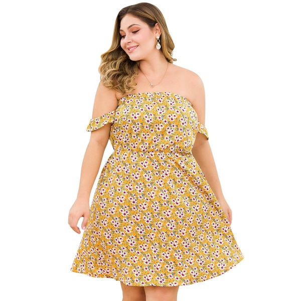 

europe and the united states plus size wrapped chest short-sleeved high waist floral a word large size open back women dresses, White