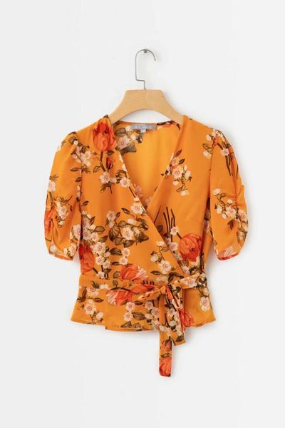 

summer women's blouses v-neck retro yellow print shirts women, White