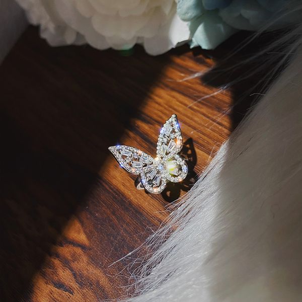 

2020 new design fashion jewelry copper inlaid zircon ring opening cute butterfly prom party ring for women, Golden;silver
