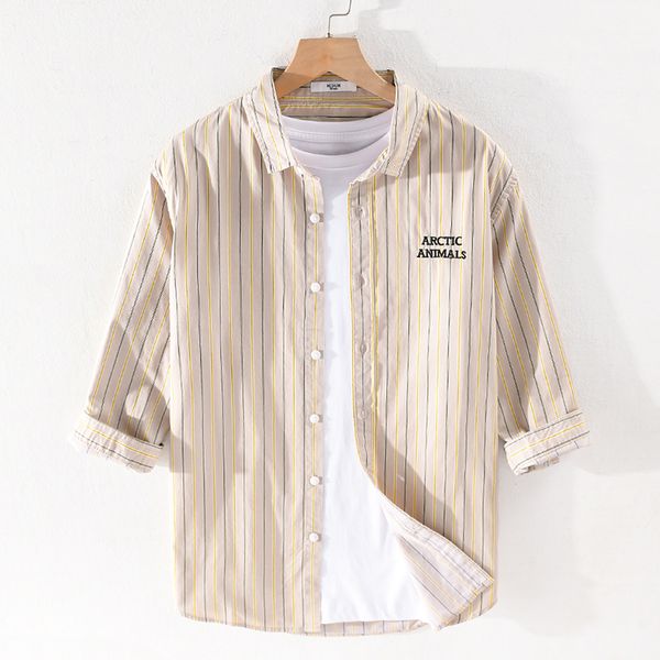 

100% cotton striped three-quarter sleeved men shirt casual fashion summer shirts for men comfortable shirt mens overhemd, White;black