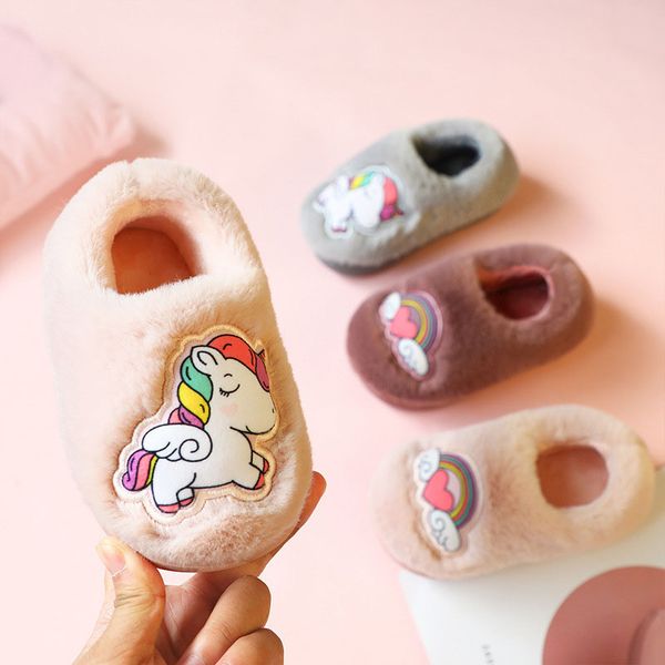 

kids unicorn slippers baby girls shoes winter warm fur slippers toddler baby boys shoes cotton children cartoon bedroom slipper, Black;grey