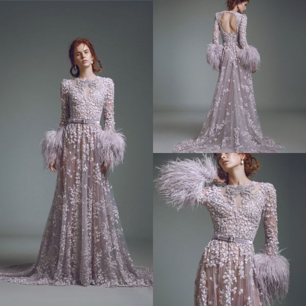 Alfazairy 2019 Лавандовые платья выпускного вечера Роскошные перья с длинным рукавом и кружевными бусинами 3D Цветочные аппликации Вечерние платья Вечернее платье