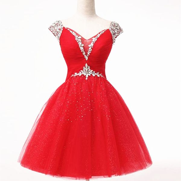 

capped v neck tulle ball gown homecoming dress with crystal 2019 knee length prom gowns lace up party dresses red sky blue, Blue;pink