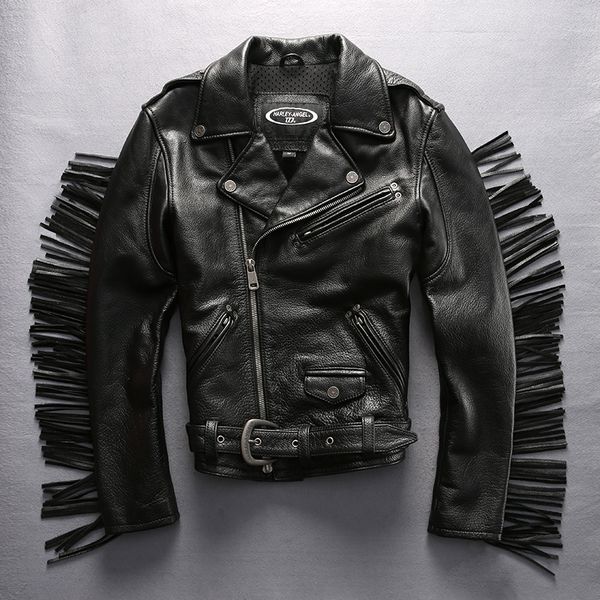 

harley angel motorcycle biker jacket 2019 genuine leather vintage jacket men's cowskin tassel short slim fit black coat dhl free