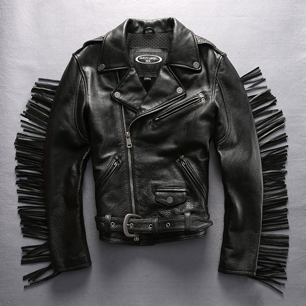 

angel motorcycle biker jacket 2019 genuine leather vintage jacket men's cowskin tassel short slim fit black coat dhl free