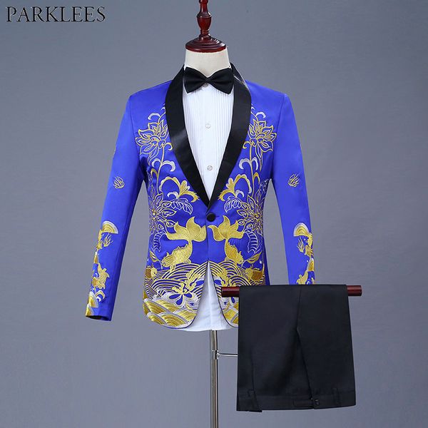 

royal blue gold fish embroidery dress suit men one button shawl lapel 3pcs suits mens stage prom party wedding terno masculino, White;black