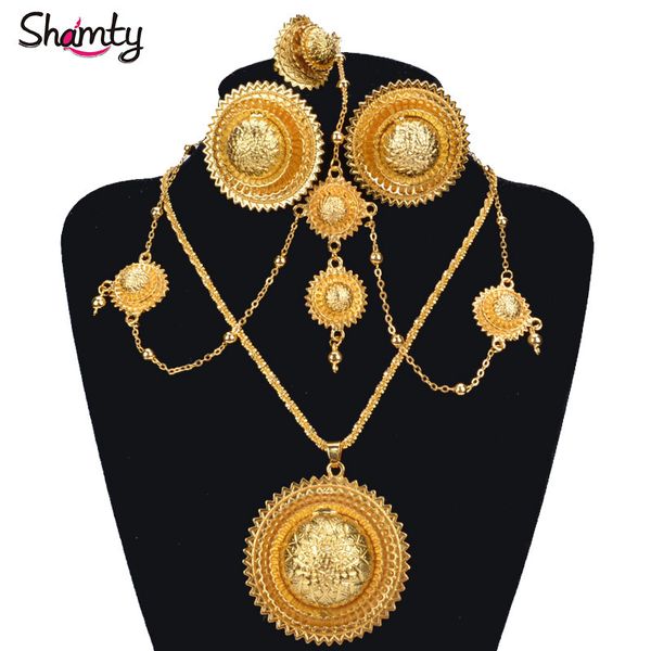 Shamty äthiopische Brautschmuck-Sets, reine Goldfarbe, afrikanische Hochzeit, Ohrringe, Halsketten, Ringe, Kopfschmuck-Set, Habesha-Stil, A30036, J190705