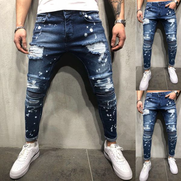 

New Men Fashion Design Spot Dye Jeans Skinny Slim Fit Stretchy Ripped Moustache Effect Jeans Denim Pants Style Streewear