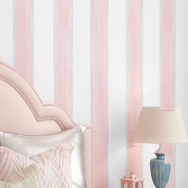 

children's wallpaper bedroom girl boy room nordic style girl princess pink cartoon simple vertical stripe pink wallpaper