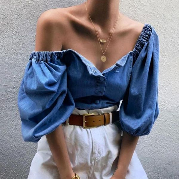 

solid denim shirt women strapless lantern sleeve shirts female slim fit button blouse party night blusa feminina, White
