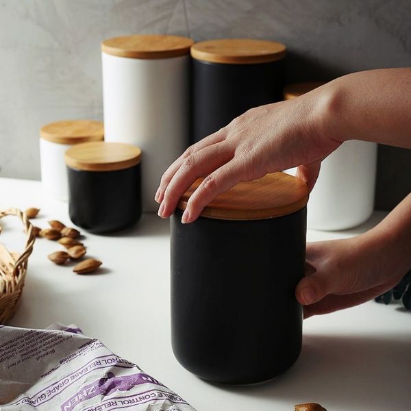 

nordic ceramic storage jar with bamboo lid airtight sealed ceramic canister set of 3 container for coffee tea sugar spice black white