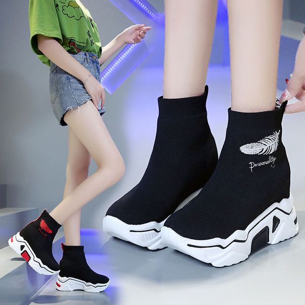 

inner height women's shoes fall/winter 2019 new short tube elastic socks shoes thick bottom muffin casual, Black