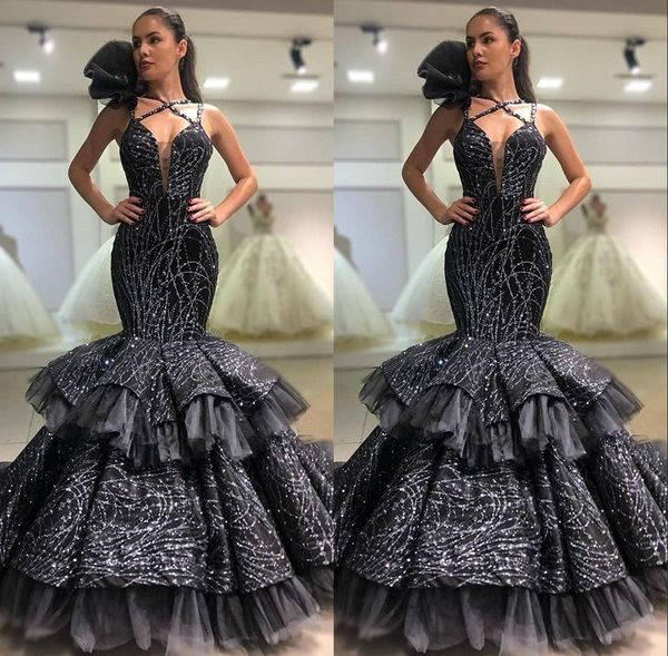 

New Arrival Black Mermaid Evening Dresses Sequined Evening Dress Tiered Skirts Sexy African Black Girls Evening Gowns vestidos de fiesta