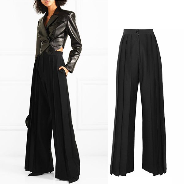 

spring fashion brand women's super longer pleated pants high waist package hip straight pant female pleated high-rise pants f944, Black;white