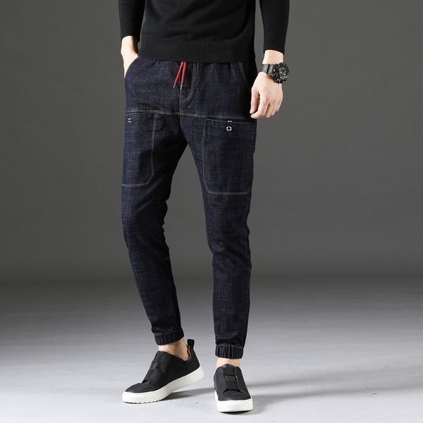 

2018 autumn new style men's jeans cool trend men's wear students fashion casual versatile elasticity ankle banded pants, Blue