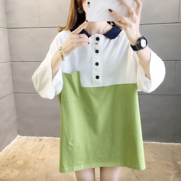 

women's polos 2021 summer plus size shirt women short sleeve fashion spliced pocket loose kawaii female black shirts tees, White