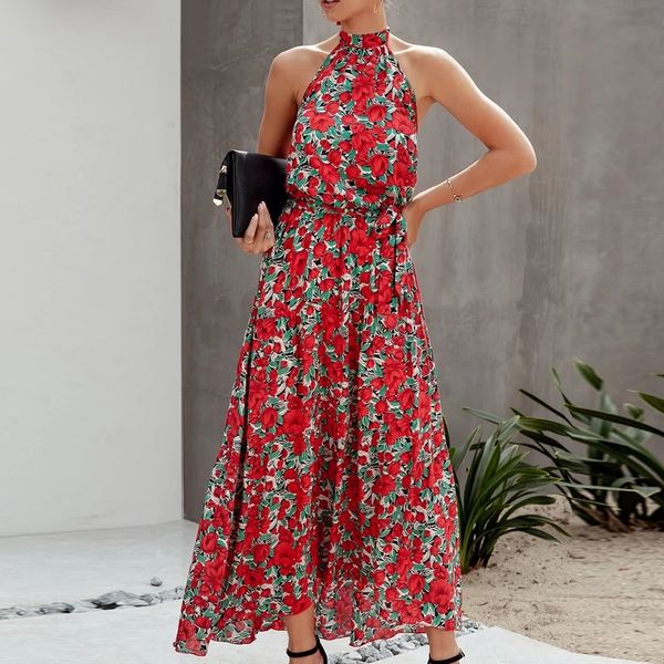 

new women summer dress fashion halter floral print dress patchwork bandage sleeveless beach long ladies, Black;gray