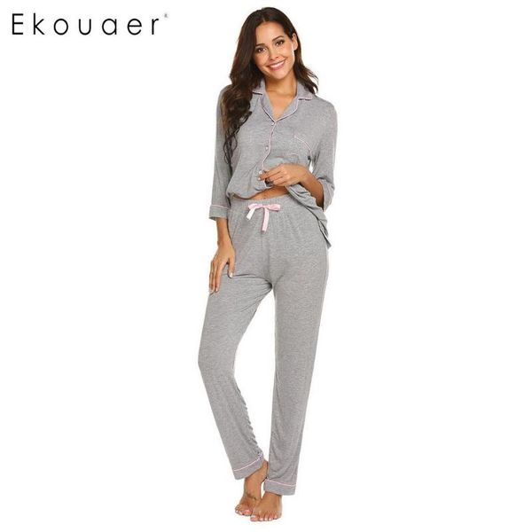 

ekouaer pajama sets women casual sleepwear solid three quarter sleeve shirts long pants pajama sets soft home wear suits, Blue;gray