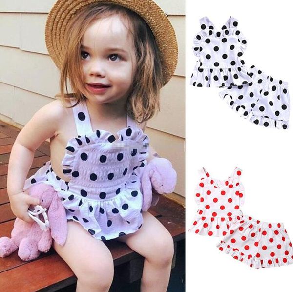 

wholesale baby girls outfits children sling ruffle dot print shorts 2pcs/set 2019 summer suit fashion baby girl designer clothes by0826, White
