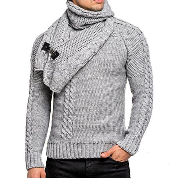 

autumn warm sweater men fashion solid detachable scarf turtleneck christmas sweater male winter casual outerwear pullover coat, White;black