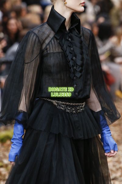 

High end women me h black pleated ve t blou e with letter button girl top hirt ling cami ole brand female long leeve t hirt et