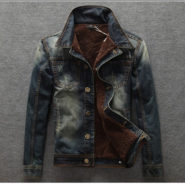 

men fashion warm autumn winter jeans jacket single breasted outerwear slim solid turn down collar fleece thick coat clothes, Black;brown