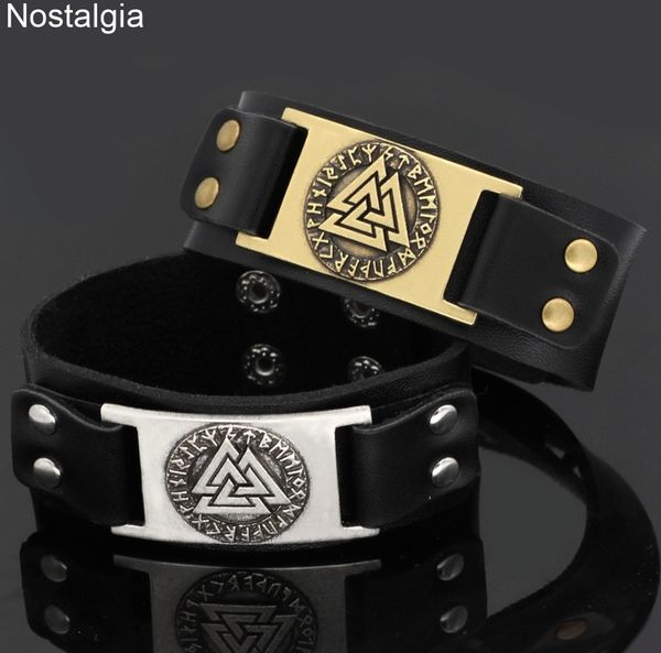 

nordic vikings jewellery valknut vegvisir compass symbol leather cuff viking bracelet bangles for women men 2019, Black