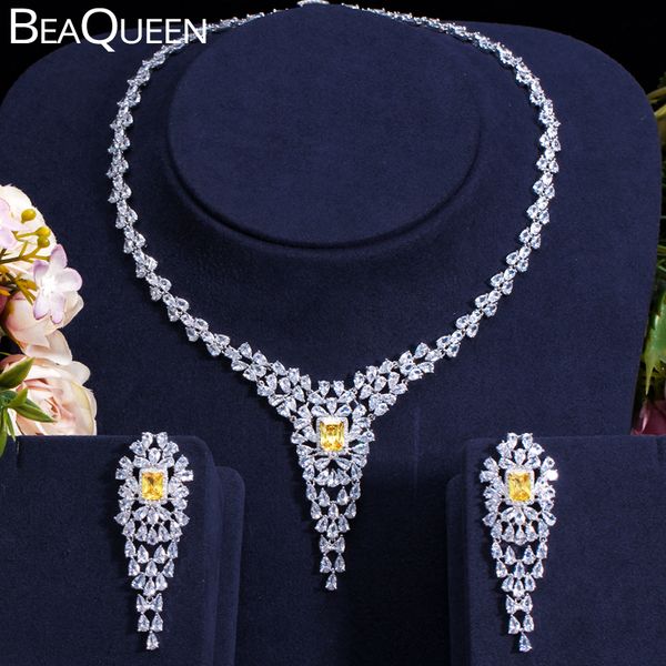 

beaqueen brilliant yellow crystal jewelry sets for women full cz stone long earring necklace set wedding dress accessories js200, Slivery;golden