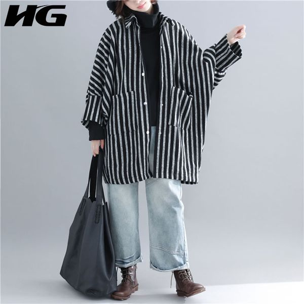 

hg bat sleeve stripe autumn winter coat women plus size parka fashion literary coats vintage women clothes 2019 new xj2199, Black